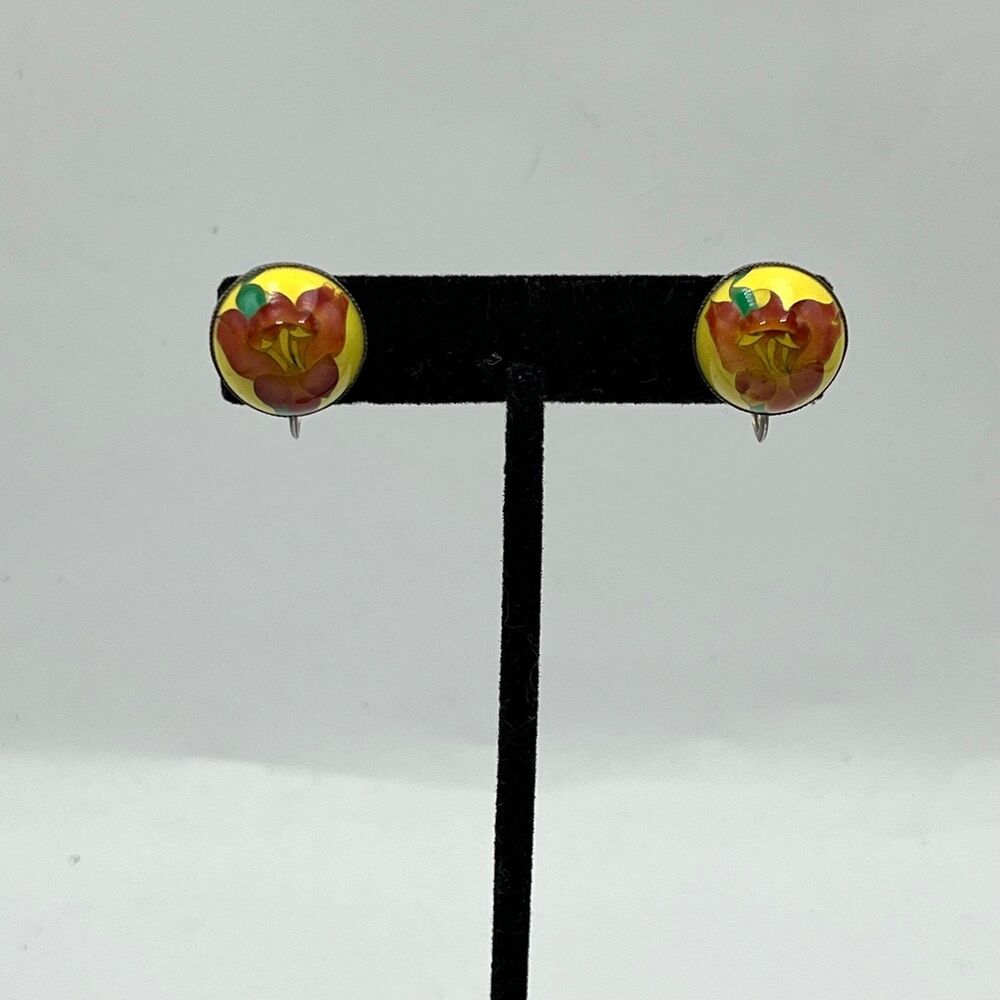 Vintage sterling silver enamel inlay glass screw back Earrings